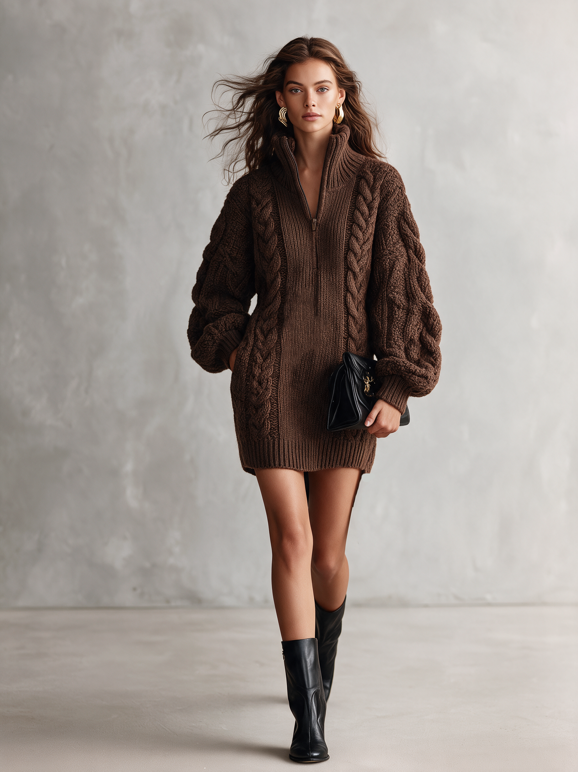 Women's Casual Brown Long-sleeved Knitted Mini Dress