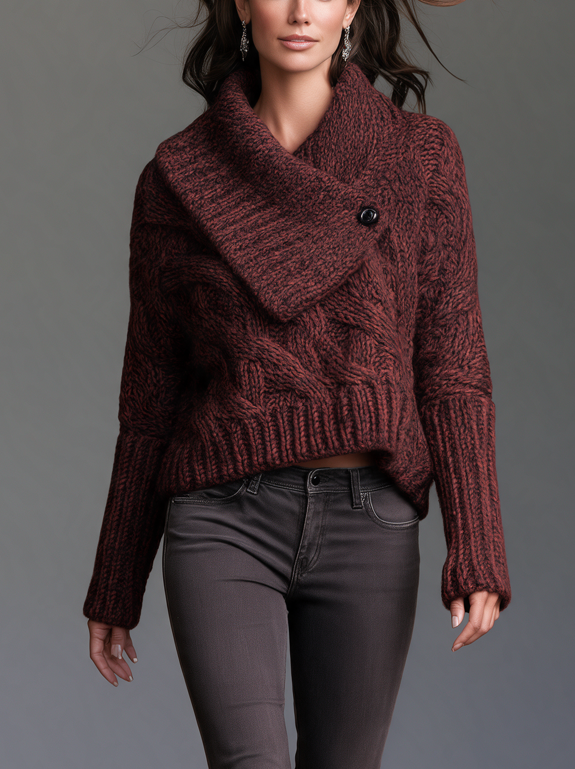 Women's Casual Burgundy Long-Sleeve Pullover Sweater