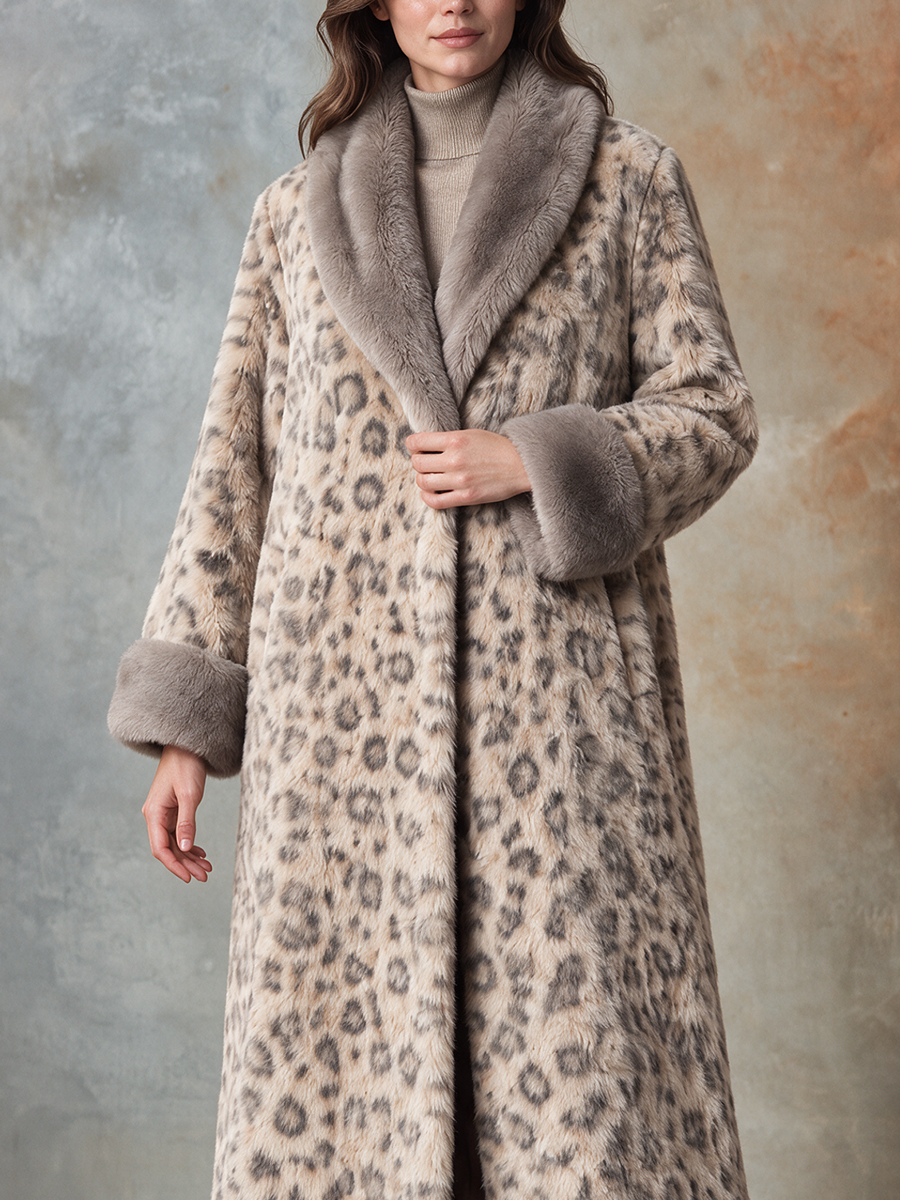 Women's Long Faux Fur Coat With Contrasting Collar And Leopard Print