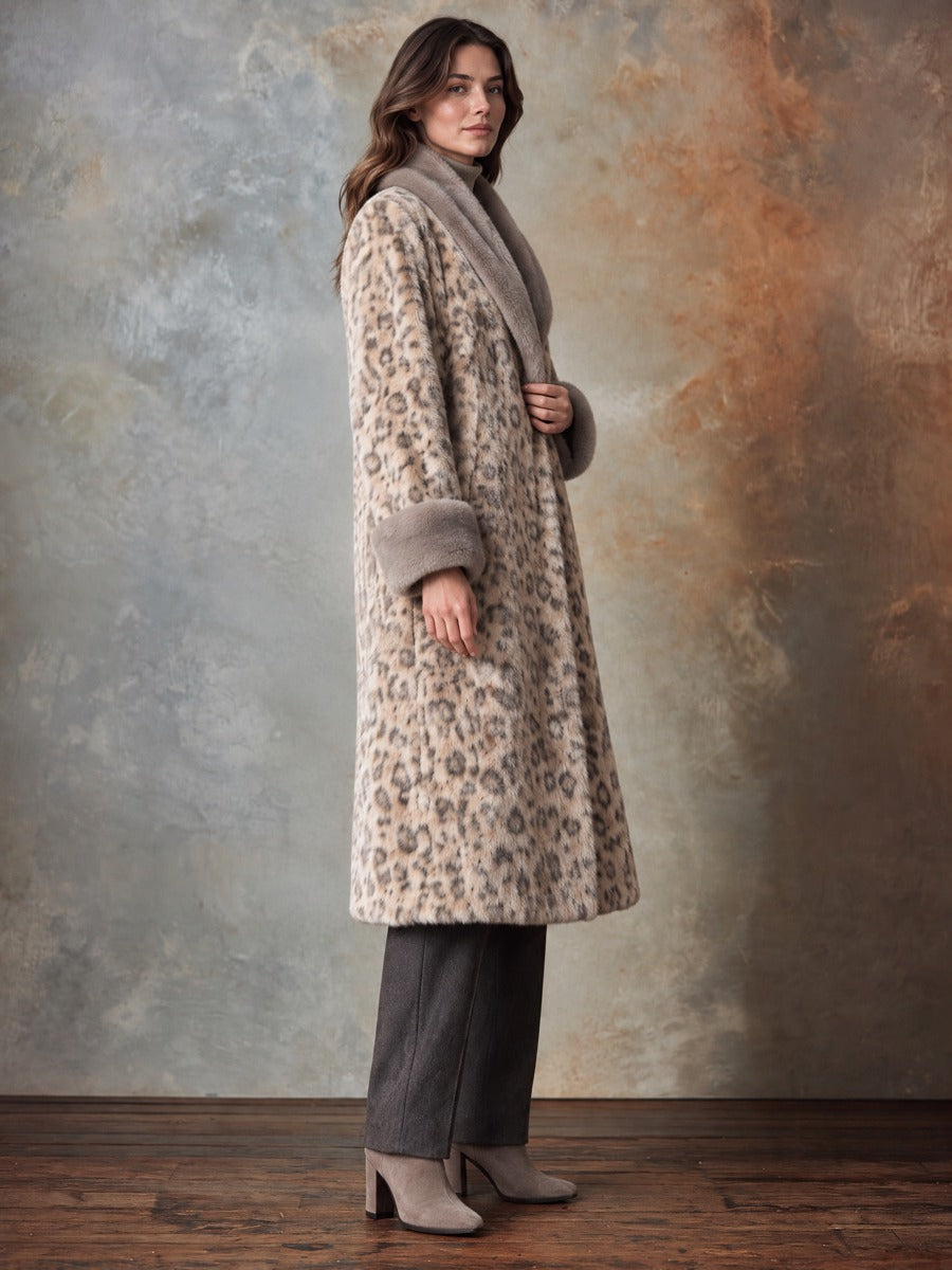 Women's Long Faux Fur Coat With Contrasting Collar And Leopard Print