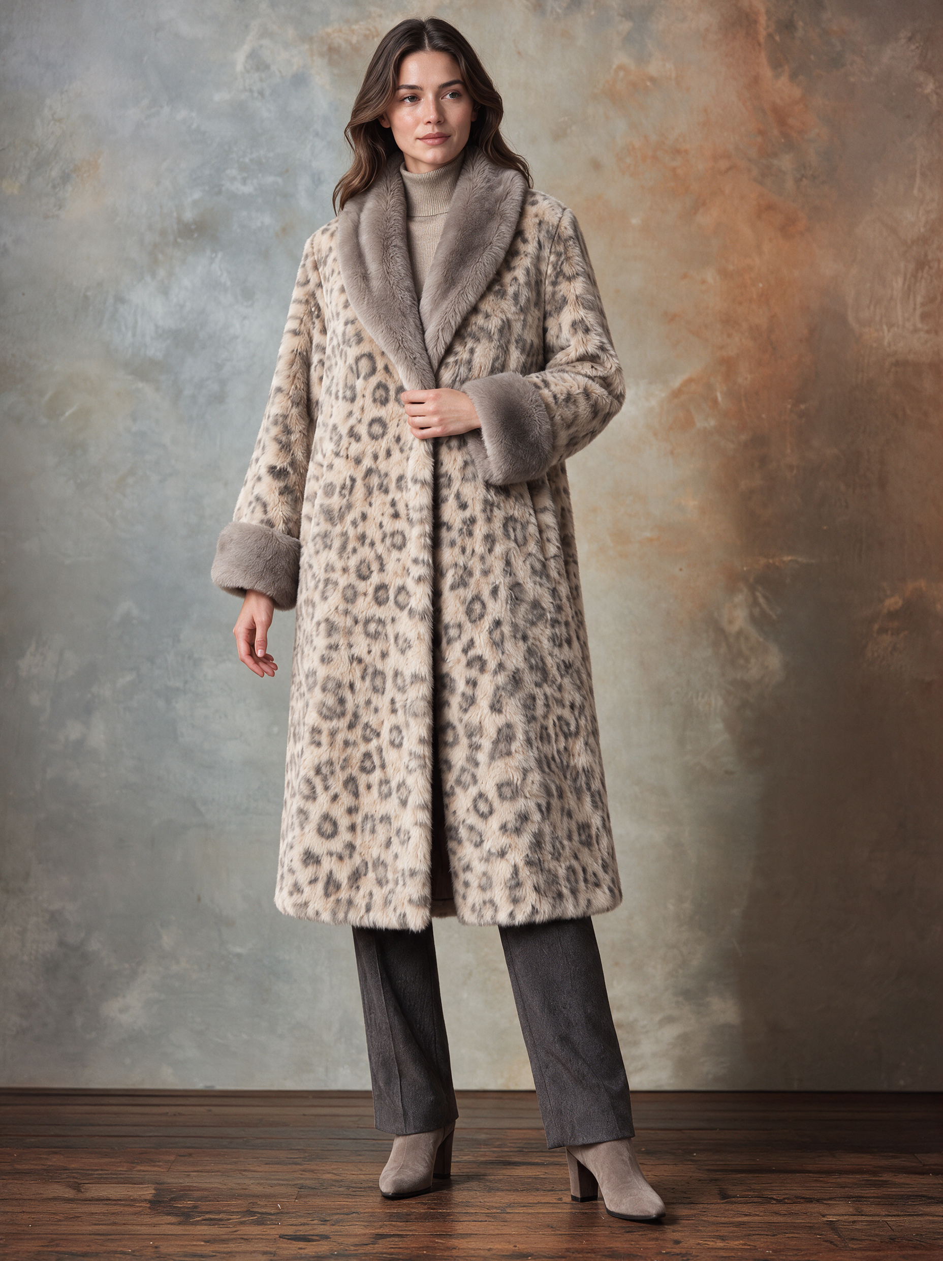 Women's Long Faux Fur Coat With Contrasting Collar And Leopard Print