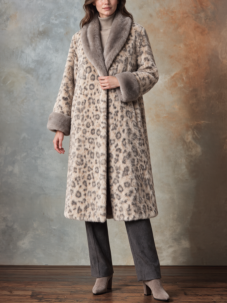 Women's Long Faux Fur Coat With Contrasting Collar And Leopard Print