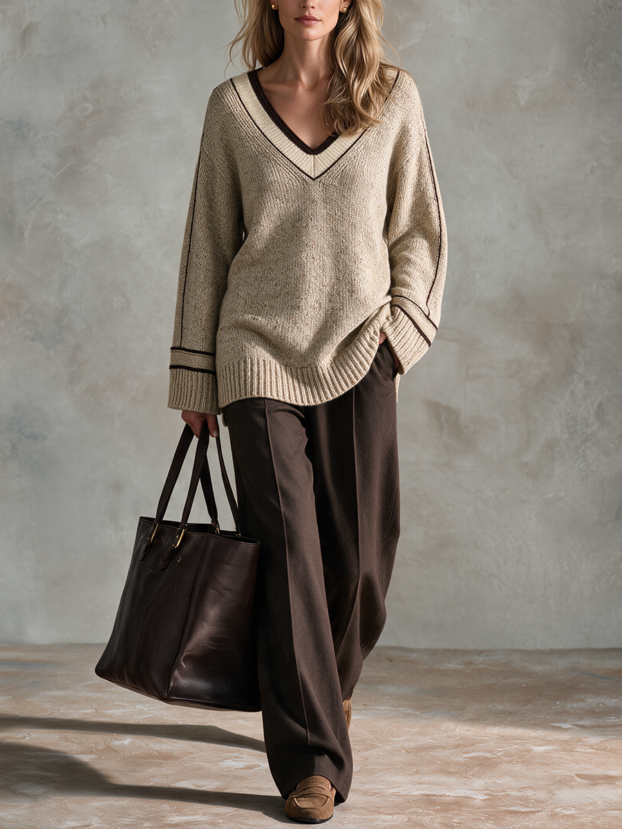 Women's V-Neck Loose-Fit Knit Top With Contrast Trim