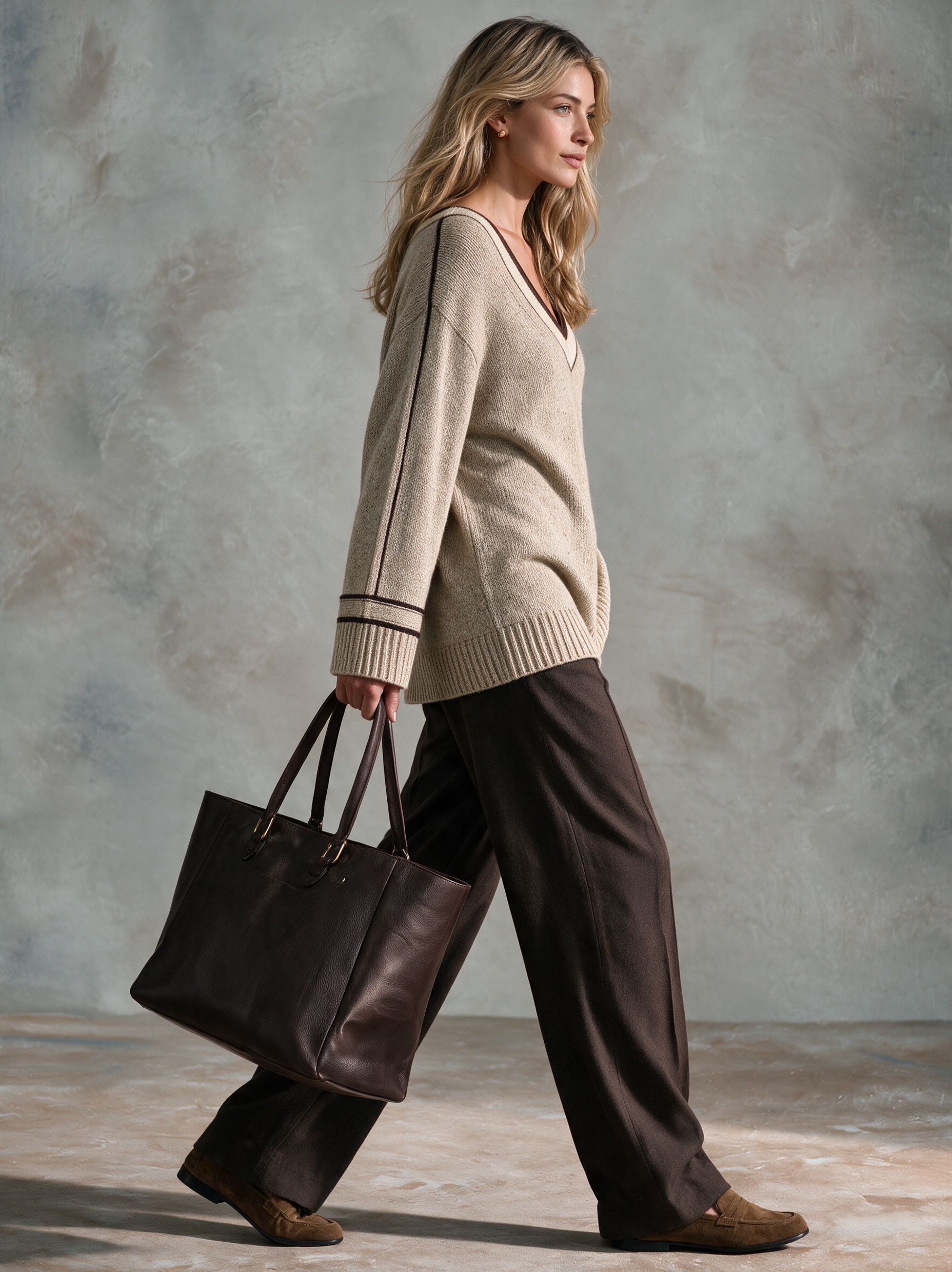 Women's V-Neck Loose-Fit Knit Top With Contrast Trim