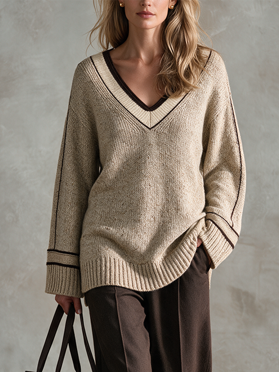 Women's V-Neck Loose-Fit Knit Top With Contrast Trim