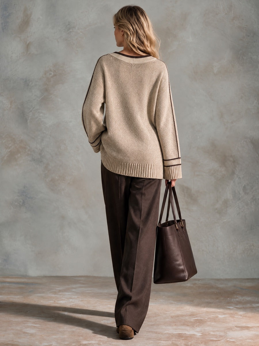 Women's V-Neck Loose-Fit Knit Top With Contrast Trim