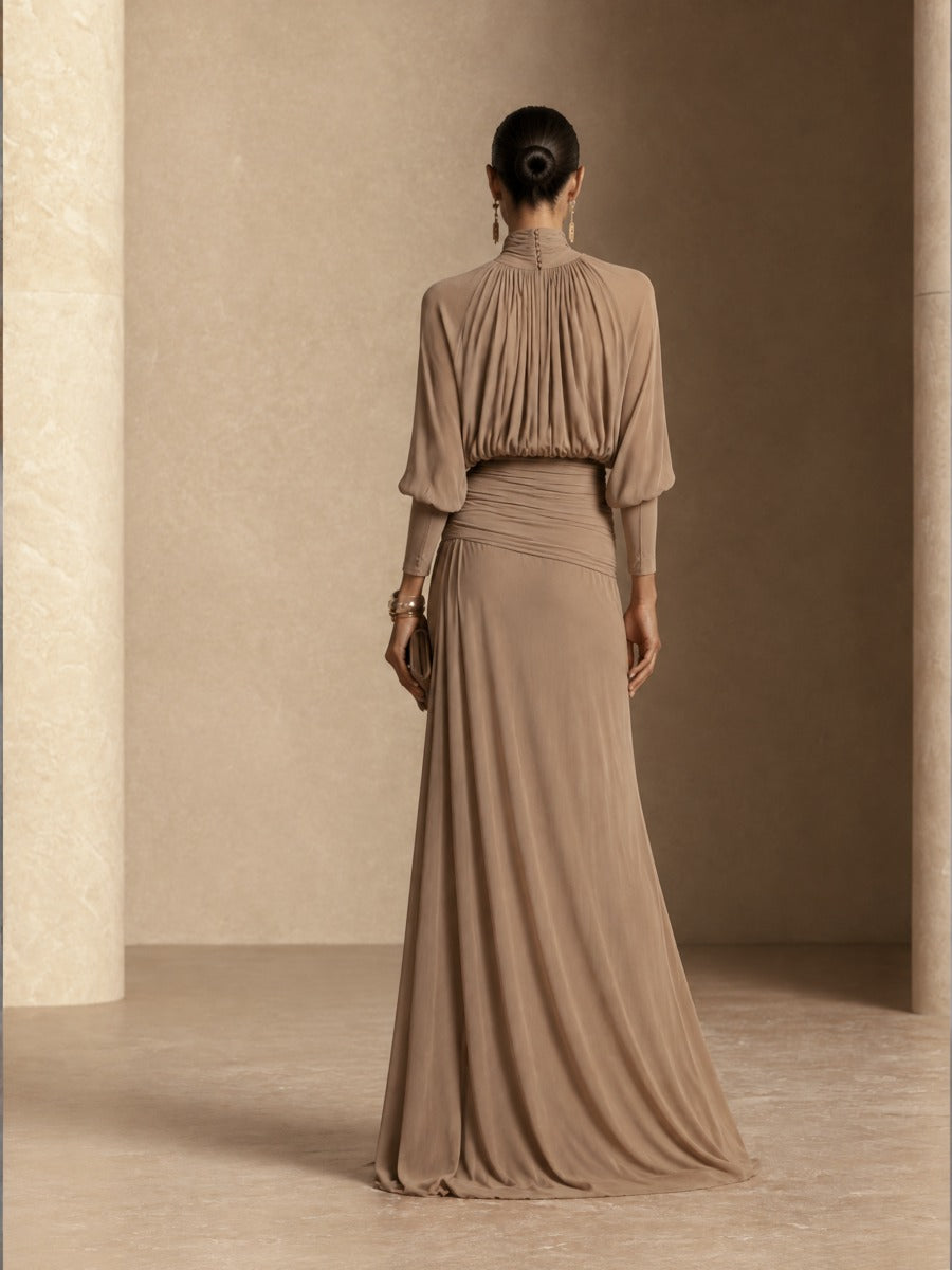 Women's Pleated Elegant High-Neck Top And Maxi Skirt Set