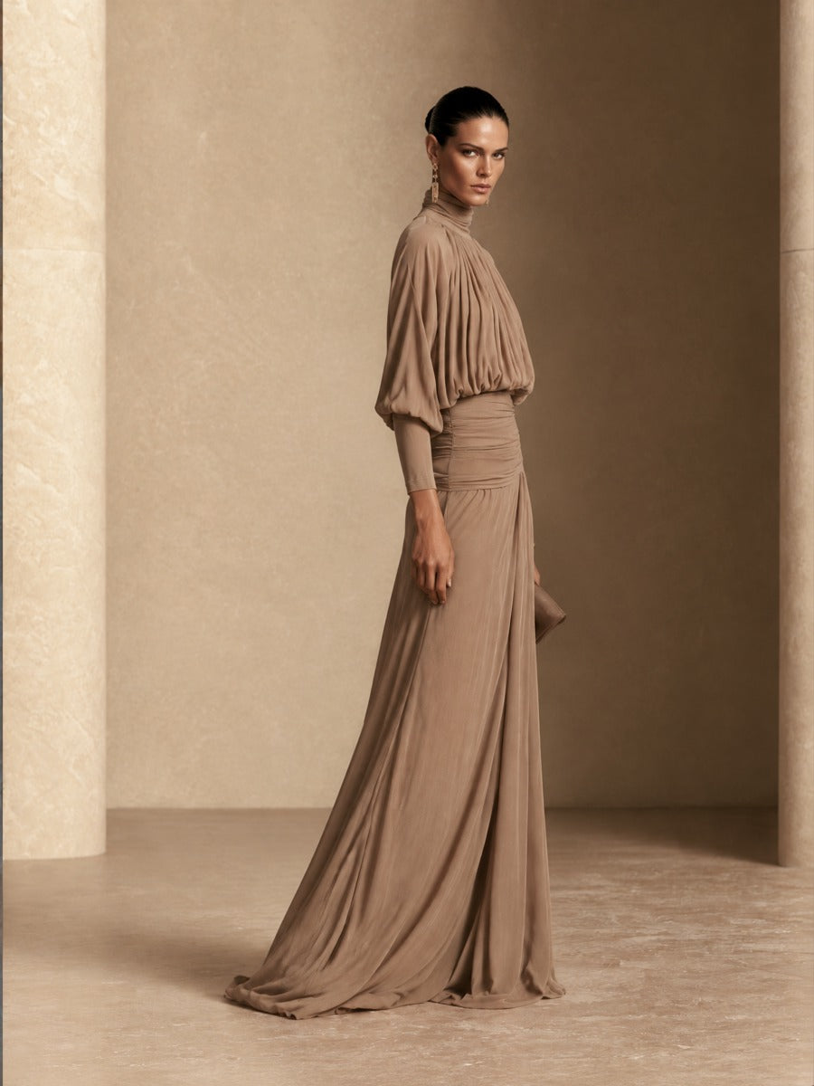 Women's Pleated Elegant High-Neck Top And Maxi Skirt Set