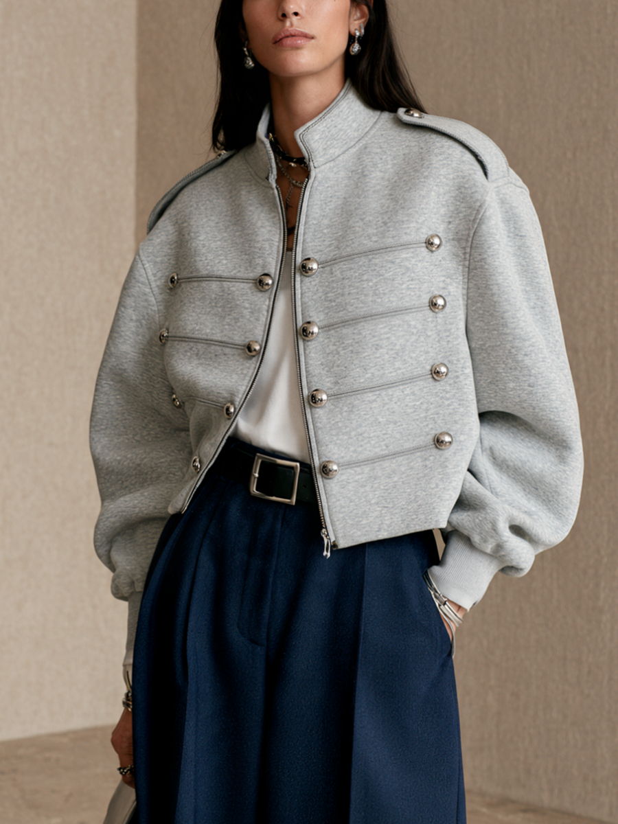 Women's Button Detail Stand Collar Balloon Sleeve Cropped Jacket