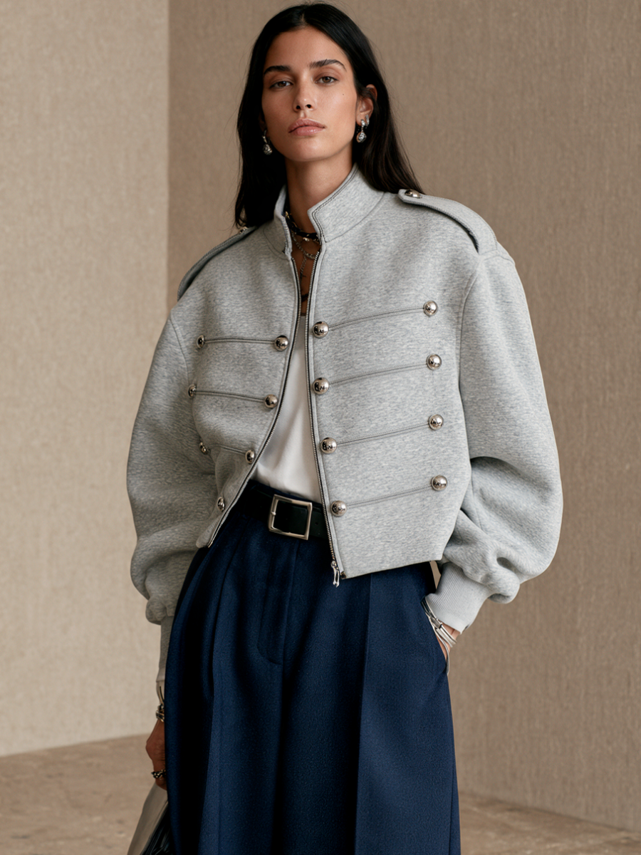 Women's Button Detail Stand Collar Balloon Sleeve Cropped Jacket