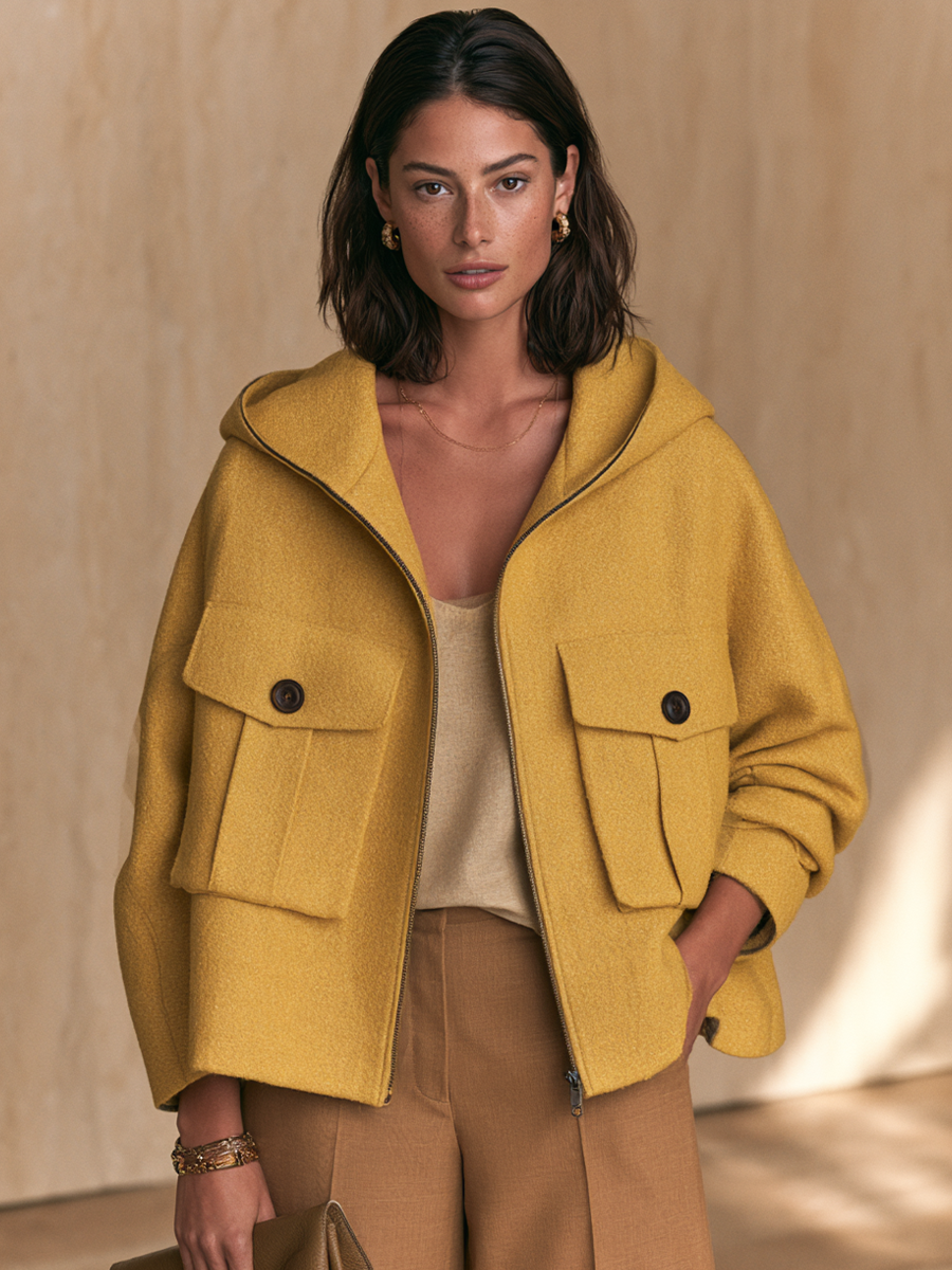 Women's Utility Pocket Casual Hooded Cropped Jacket