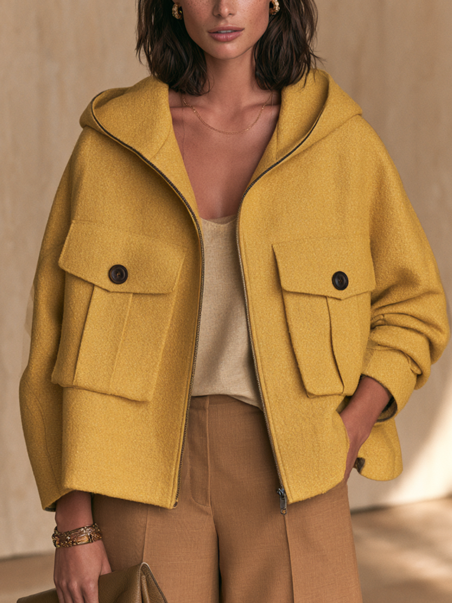 Women's Utility Pocket Casual Hooded Cropped Jacket