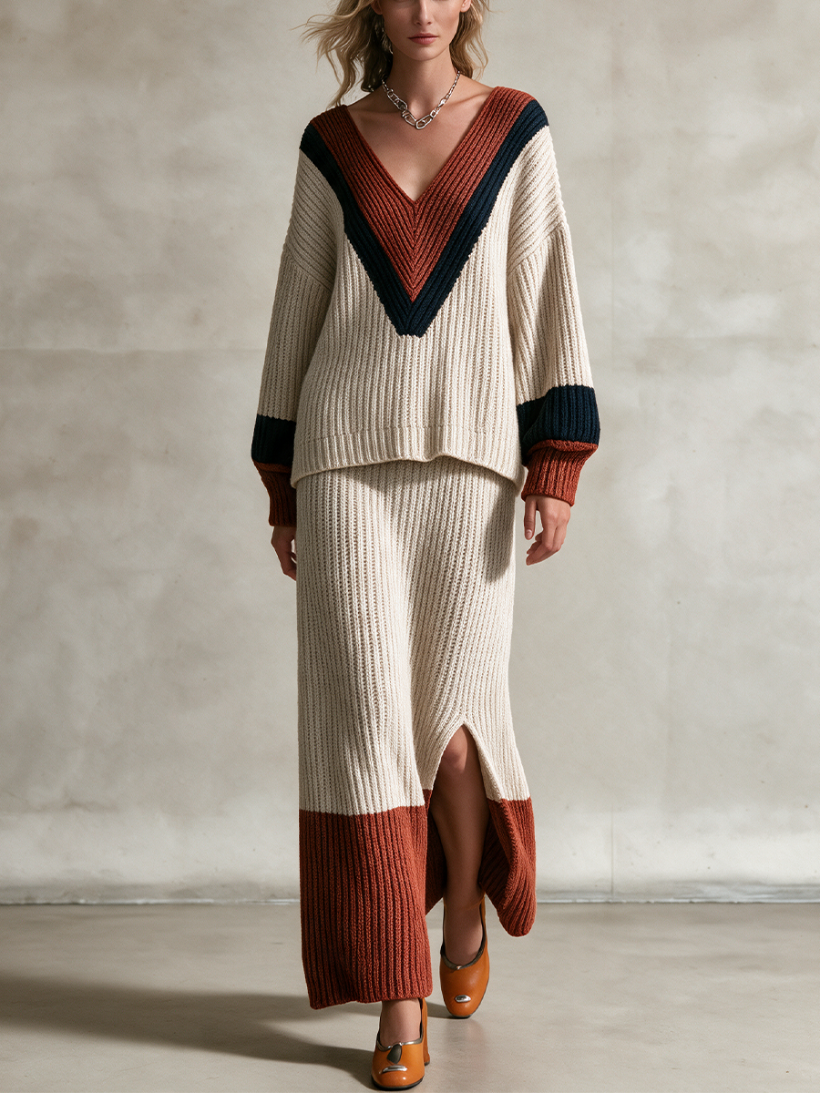 Women's Color‑Block Ribbed Knit V‑Neck Top & Midi Skirt Two‑Piece Set