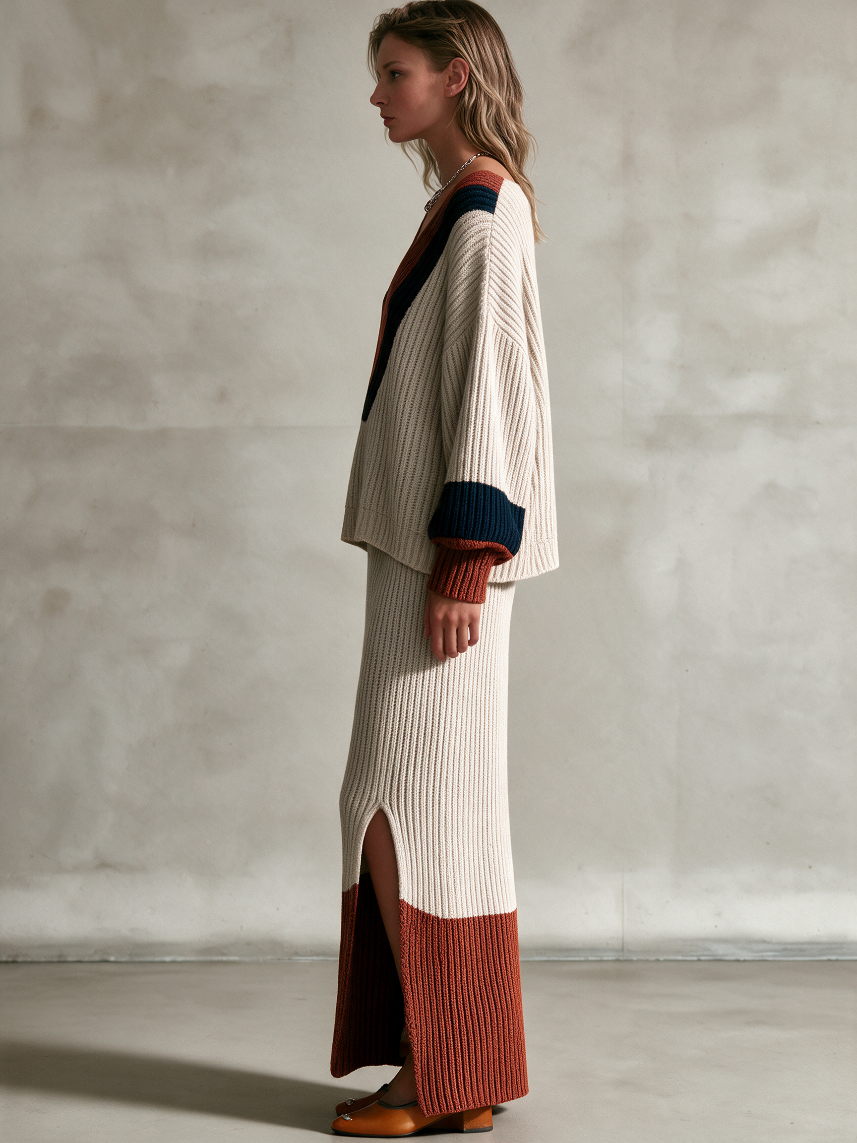 Women's Color‑Block Ribbed Knit V‑Neck Top & Midi Skirt Two‑Piece Set