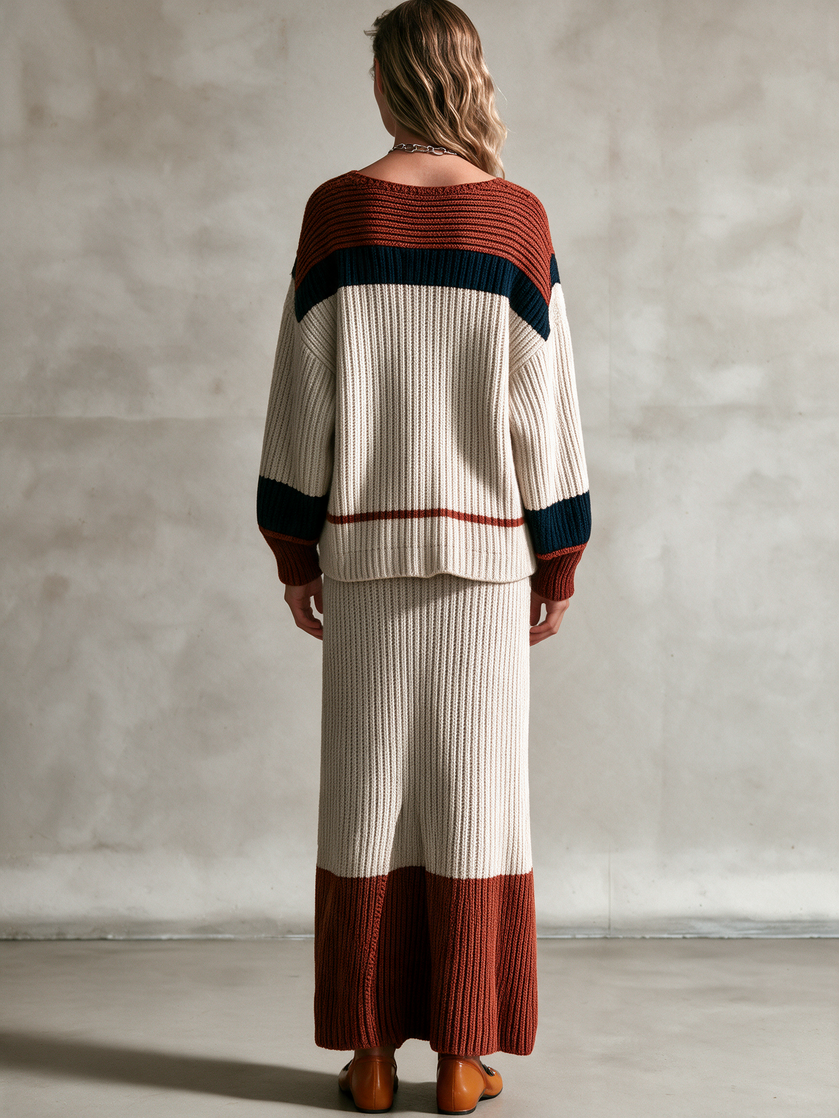 Women's Color‑Block Ribbed Knit V‑Neck Top & Midi Skirt Two‑Piece Set