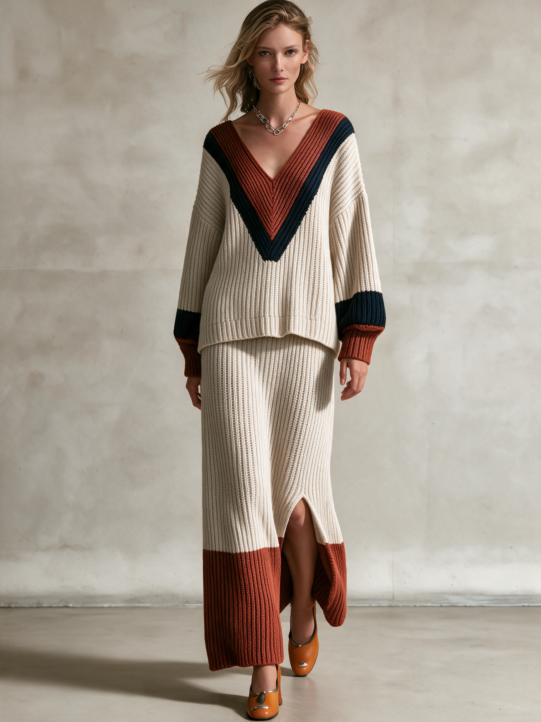 Women's Color‑Block Ribbed Knit V‑Neck Top & Midi Skirt Two‑Piece Set