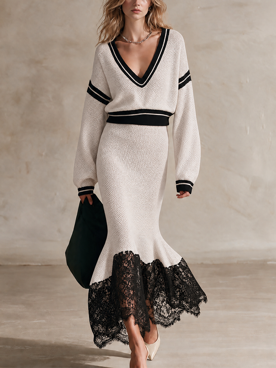 Women's Stripe Trim Knit Top & Lace‑Hem Mermaid Midi Skirt Two‑Piece Set