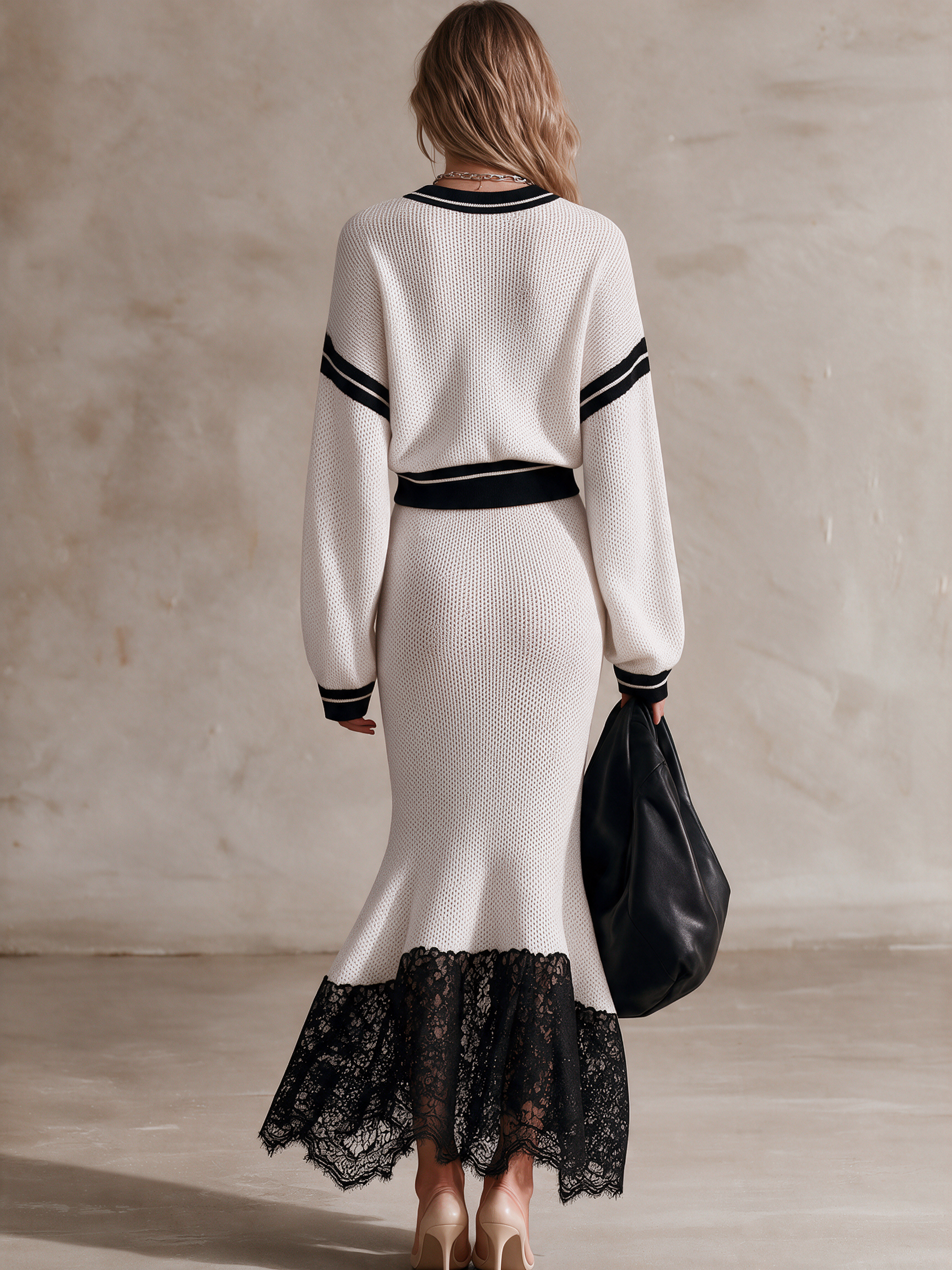 Women's Stripe Trim Knit Top & Lace‑Hem Mermaid Midi Skirt Two‑Piece Set