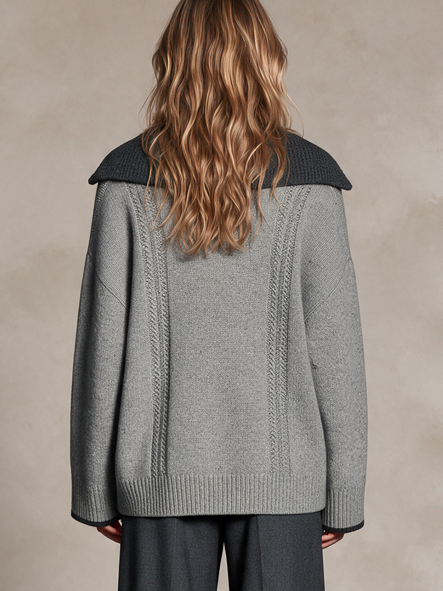 Women's Color‑Block Collar Oversized Cable Knit Sweater