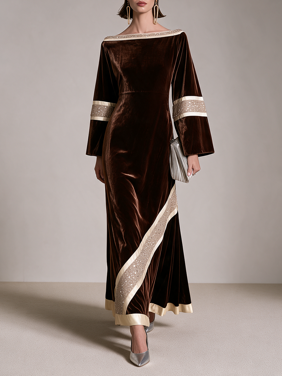 Women's Sequin Trim Boat Neck Velvet Long Sleeve Maxi Dress