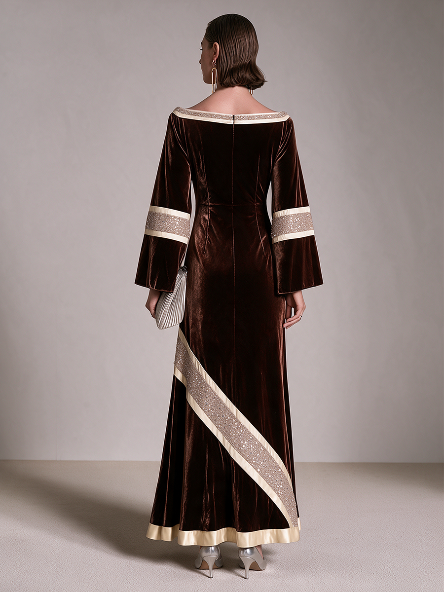 Women's Sequin Trim Boat Neck Velvet Long Sleeve Maxi Dress