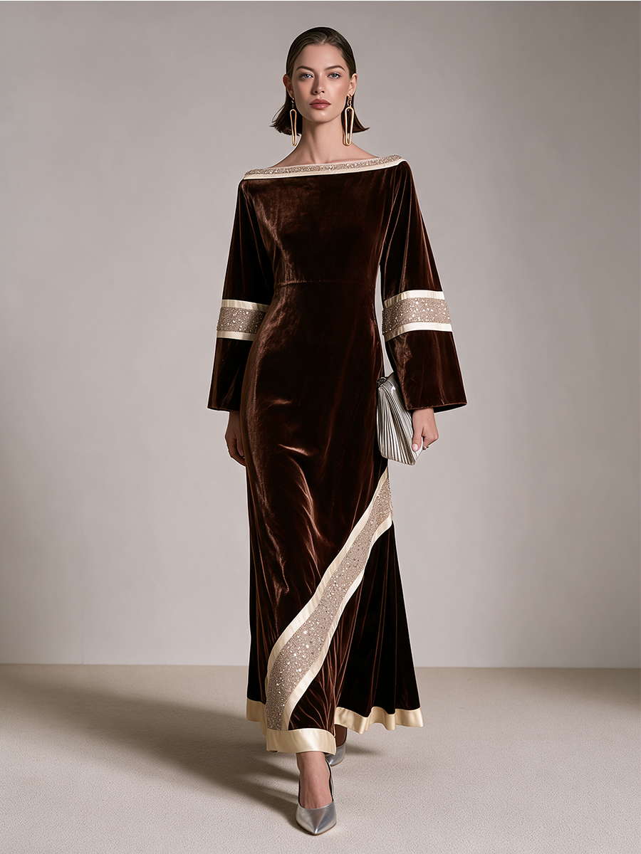 Women's Sequin Trim Boat Neck Velvet Long Sleeve Maxi Dress