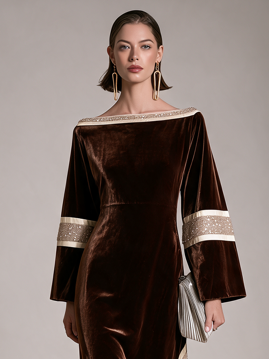 Women's Sequin Trim Boat Neck Velvet Long Sleeve Maxi Dress