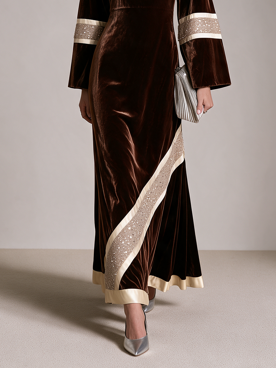 Women's Sequin Trim Boat Neck Velvet Long Sleeve Maxi Dress