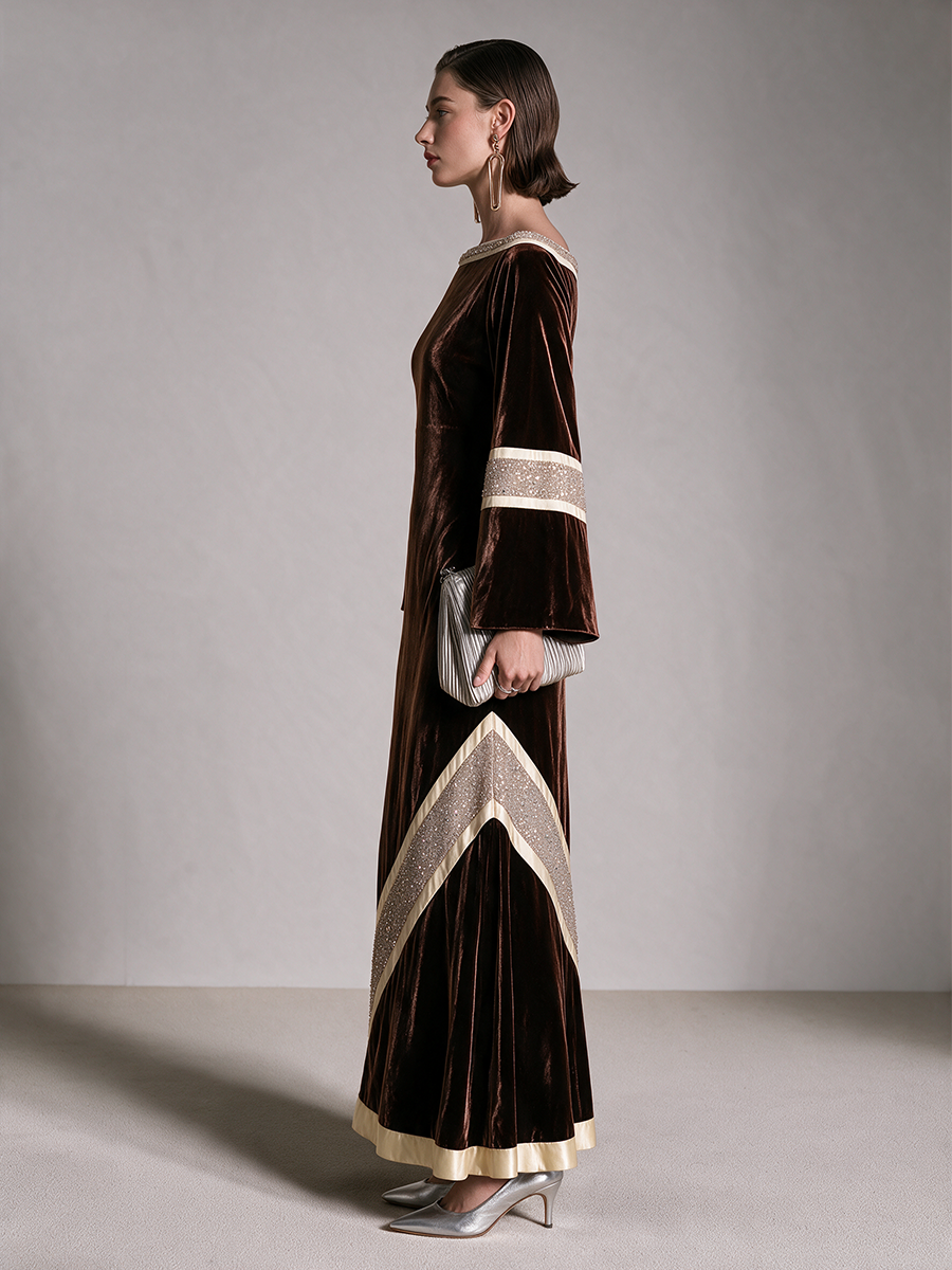 Women's Sequin Trim Boat Neck Velvet Long Sleeve Maxi Dress