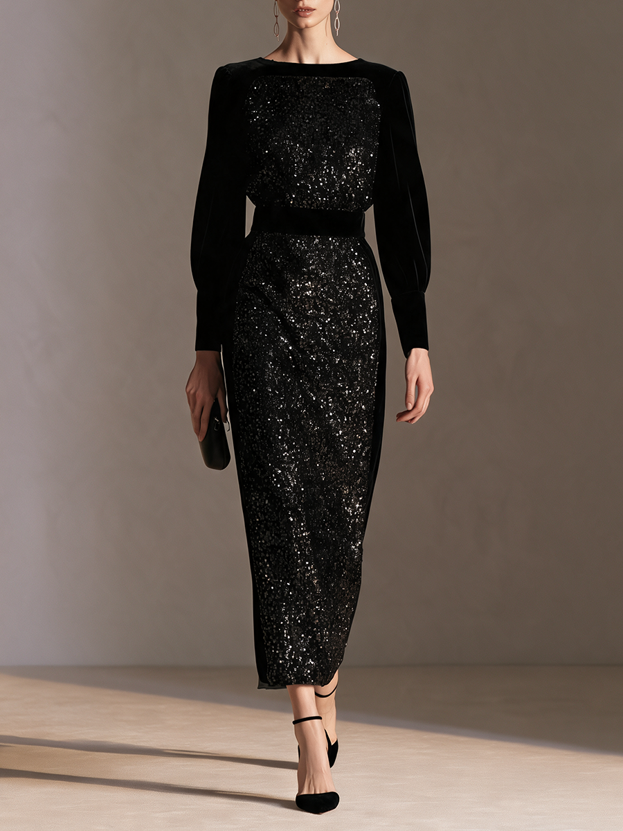 Women's Sequin Panel Black Velvet Crew Neck Long Sleeve Maxi Dress