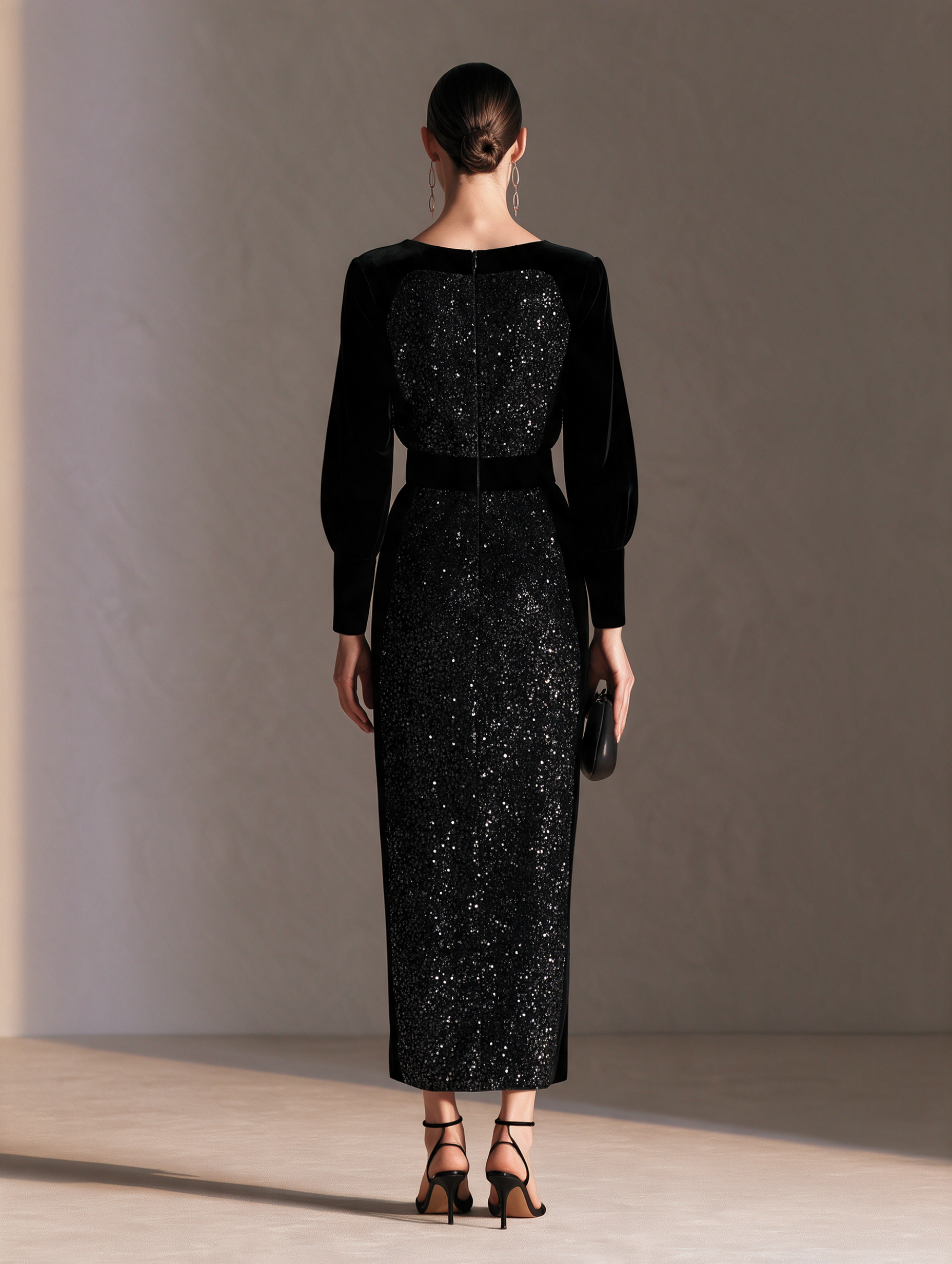 Women's Sequin Panel Black Velvet Crew Neck Long Sleeve Maxi Dress