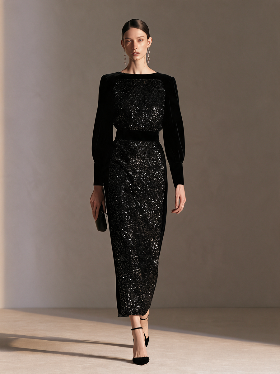 Women's Sequin Panel Black Velvet Crew Neck Long Sleeve Maxi Dress