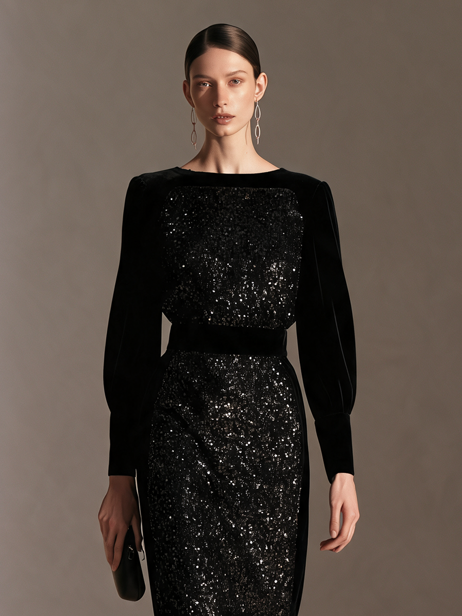 Women's Sequin Panel Black Velvet Crew Neck Long Sleeve Maxi Dress