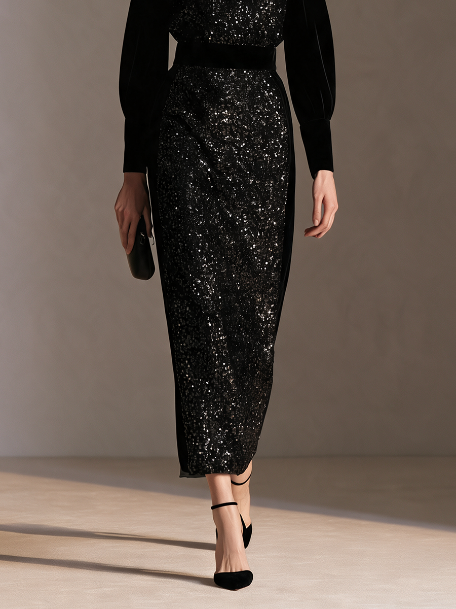 Women's Sequin Panel Black Velvet Crew Neck Long Sleeve Maxi Dress