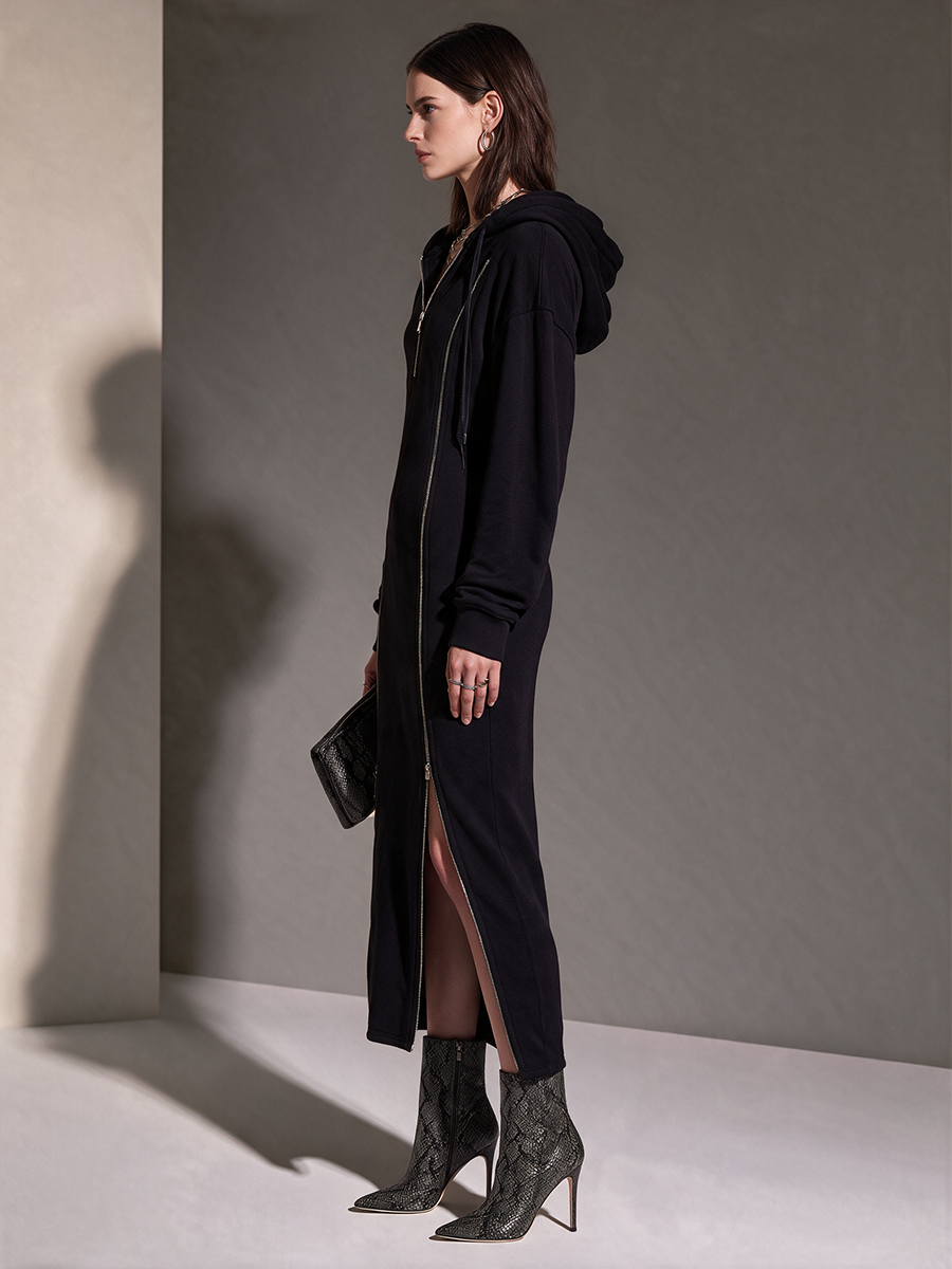 Women's Black Hooded Half-Zip Sweatshirt With Double Zip Slits Maxi Dress