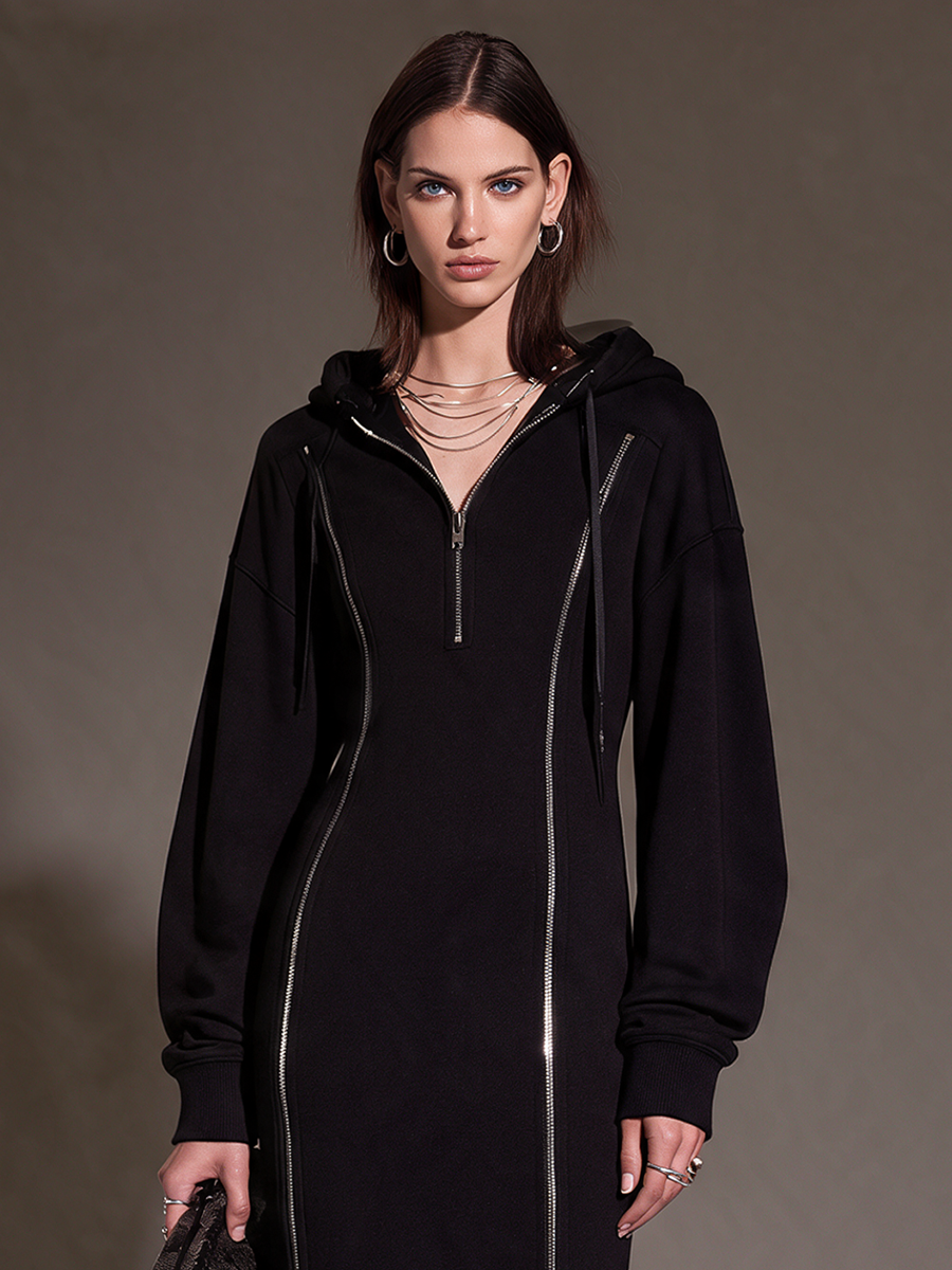 Women's Black Hooded Half-Zip Sweatshirt With Double Zip Slits Maxi Dress