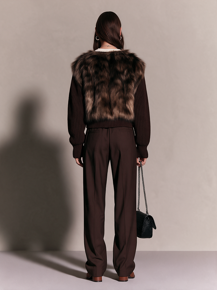 Women's Artificial Fur Panel Ribbed Wool Knit Collared Zip-Up Cropped Jacket