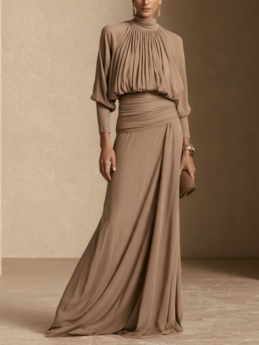 Women's Pleated Elegant High-Neck Top And Maxi Skirt Set