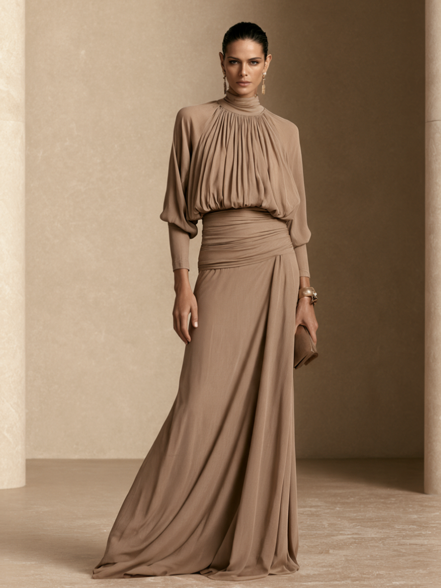 Women's Pleated Elegant High-Neck Top And Maxi Skirt Set