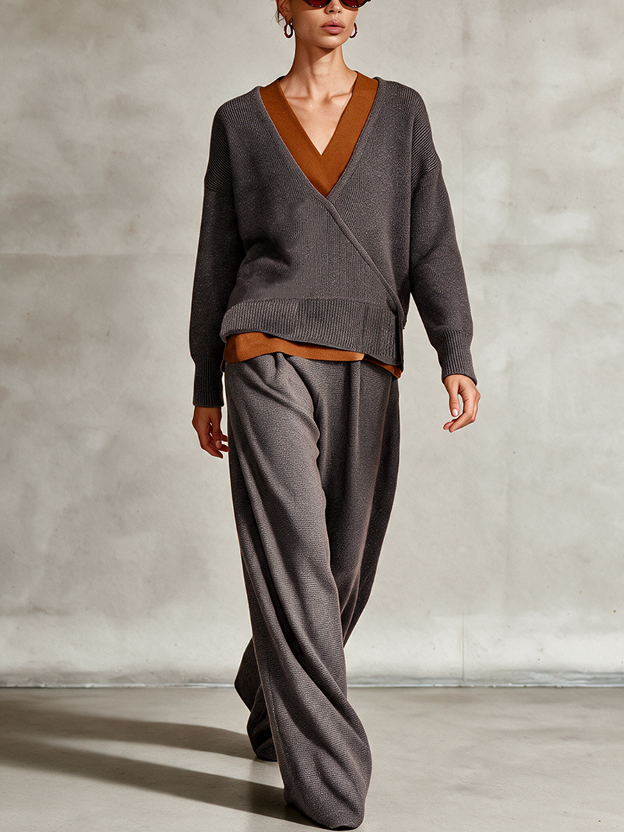 Women's Wrap‑Over Layered‑Look Knit Top & Wide‑Leg Pants Two‑Piece Set