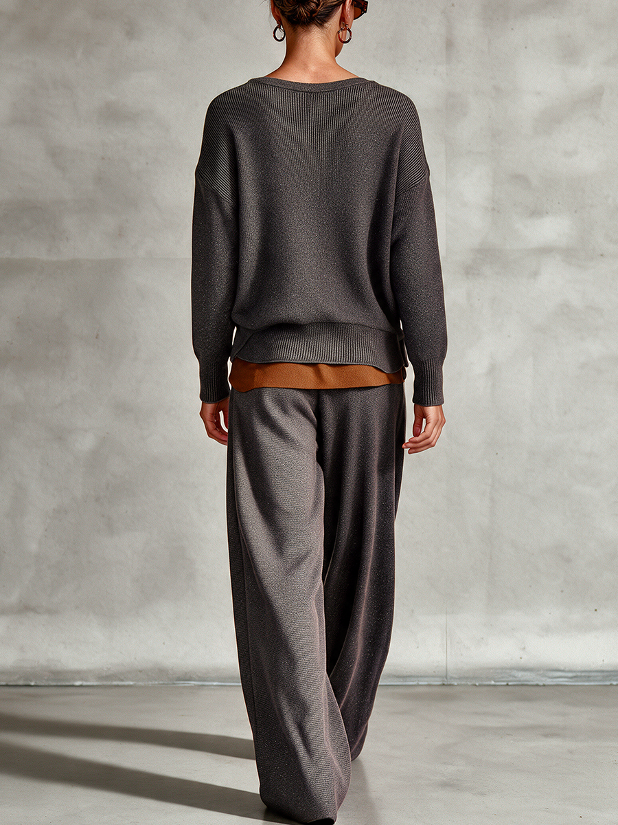 Women's Wrap‑Over Layered‑Look Knit Top & Wide‑Leg Pants Two‑Piece Set