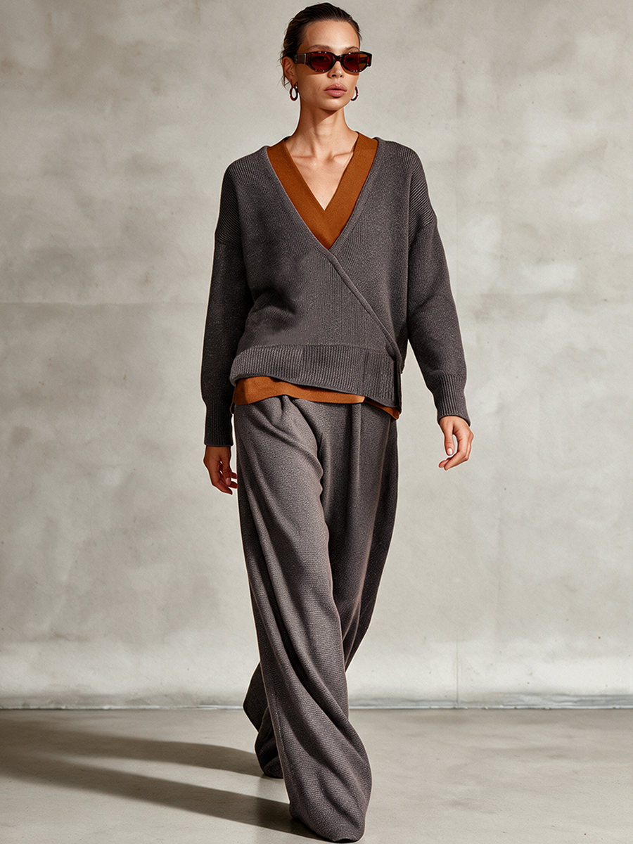 Women's Wrap‑Over Layered‑Look Knit Top & Wide‑Leg Pants Two‑Piece Set