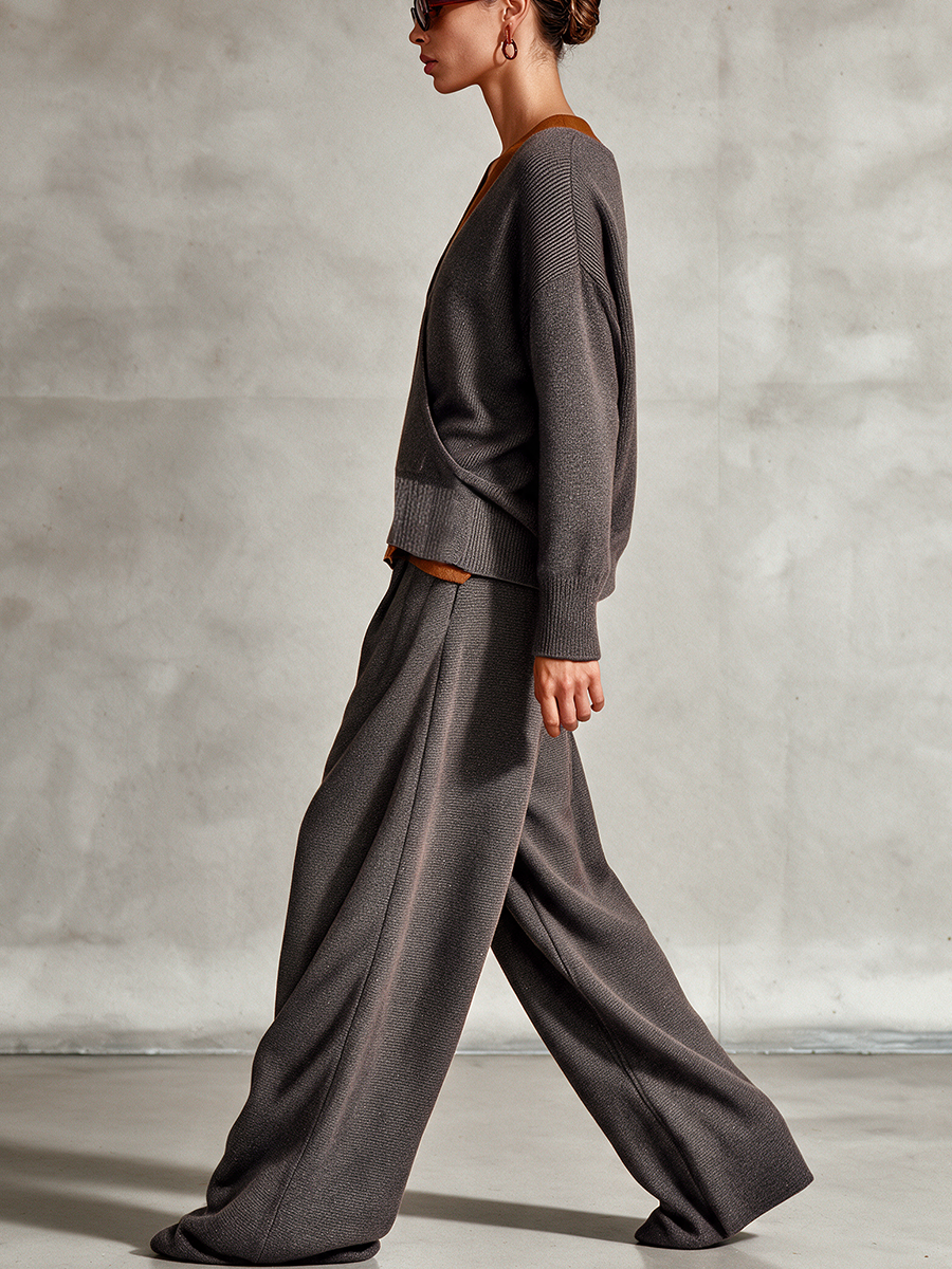 Women's Wrap‑Over Layered‑Look Knit Top & Wide‑Leg Pants Two‑Piece Set