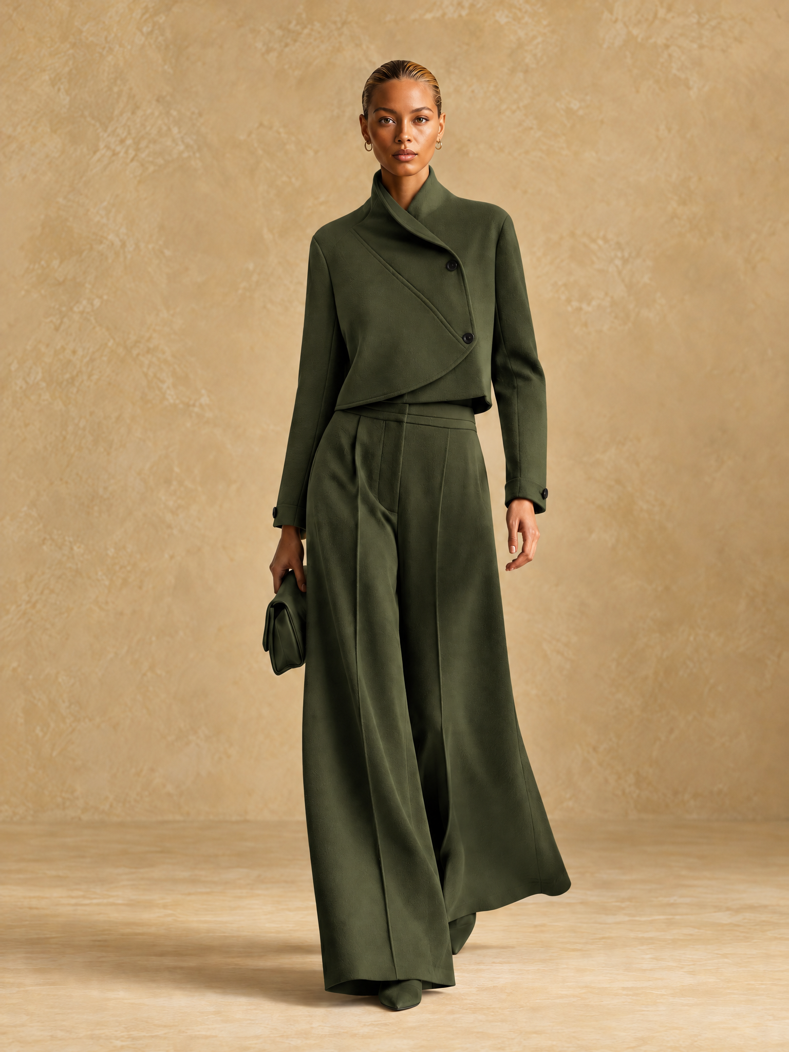 Women's Asymmetric Cropped Jacket and Wide-Leg Trousers Set