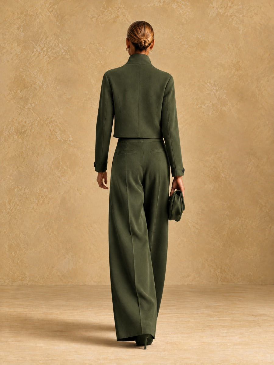 Women's Asymmetric Cropped Jacket and Wide-Leg Trousers Set