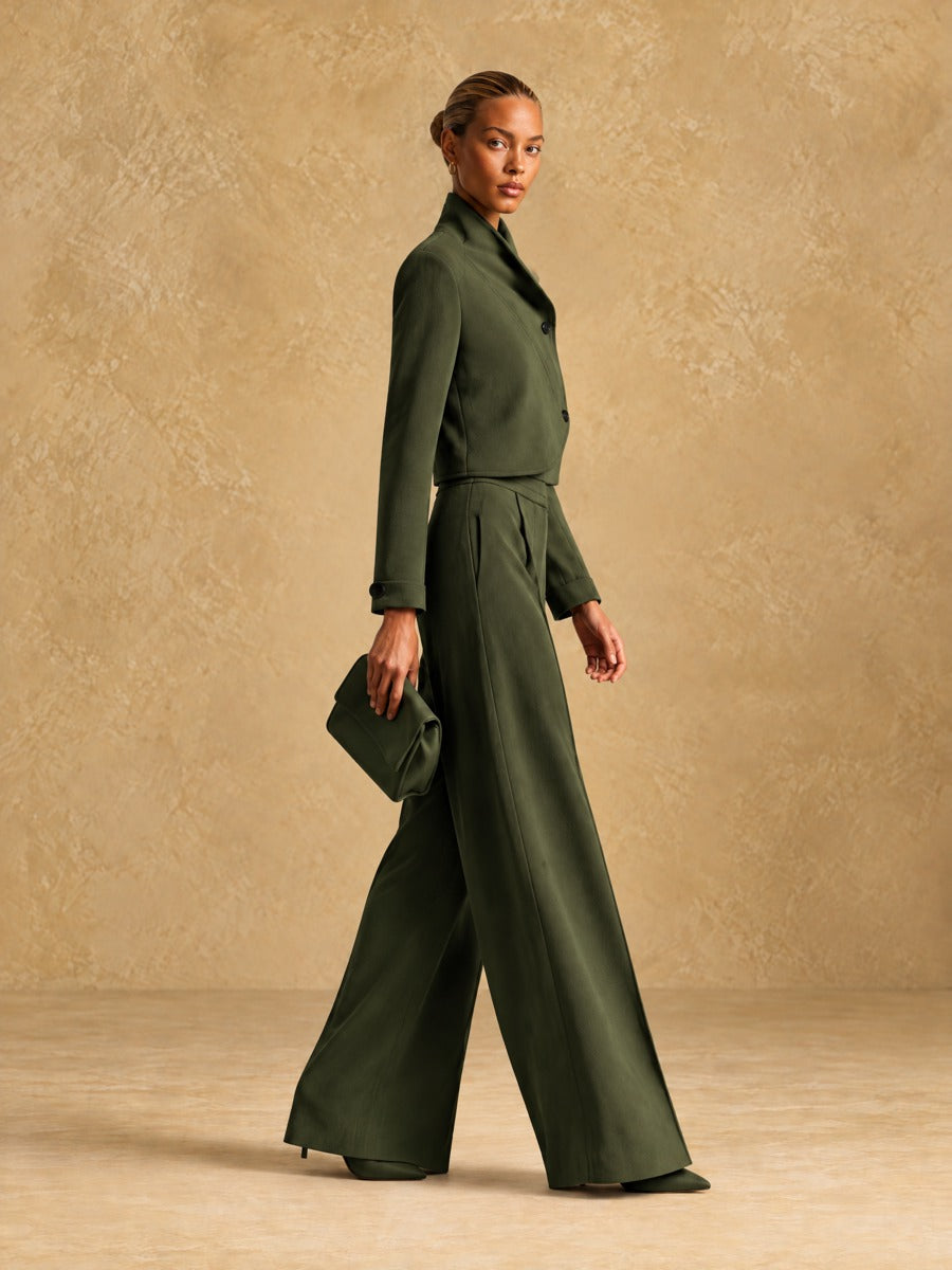 Women's Asymmetric Cropped Jacket and Wide-Leg Trousers Set