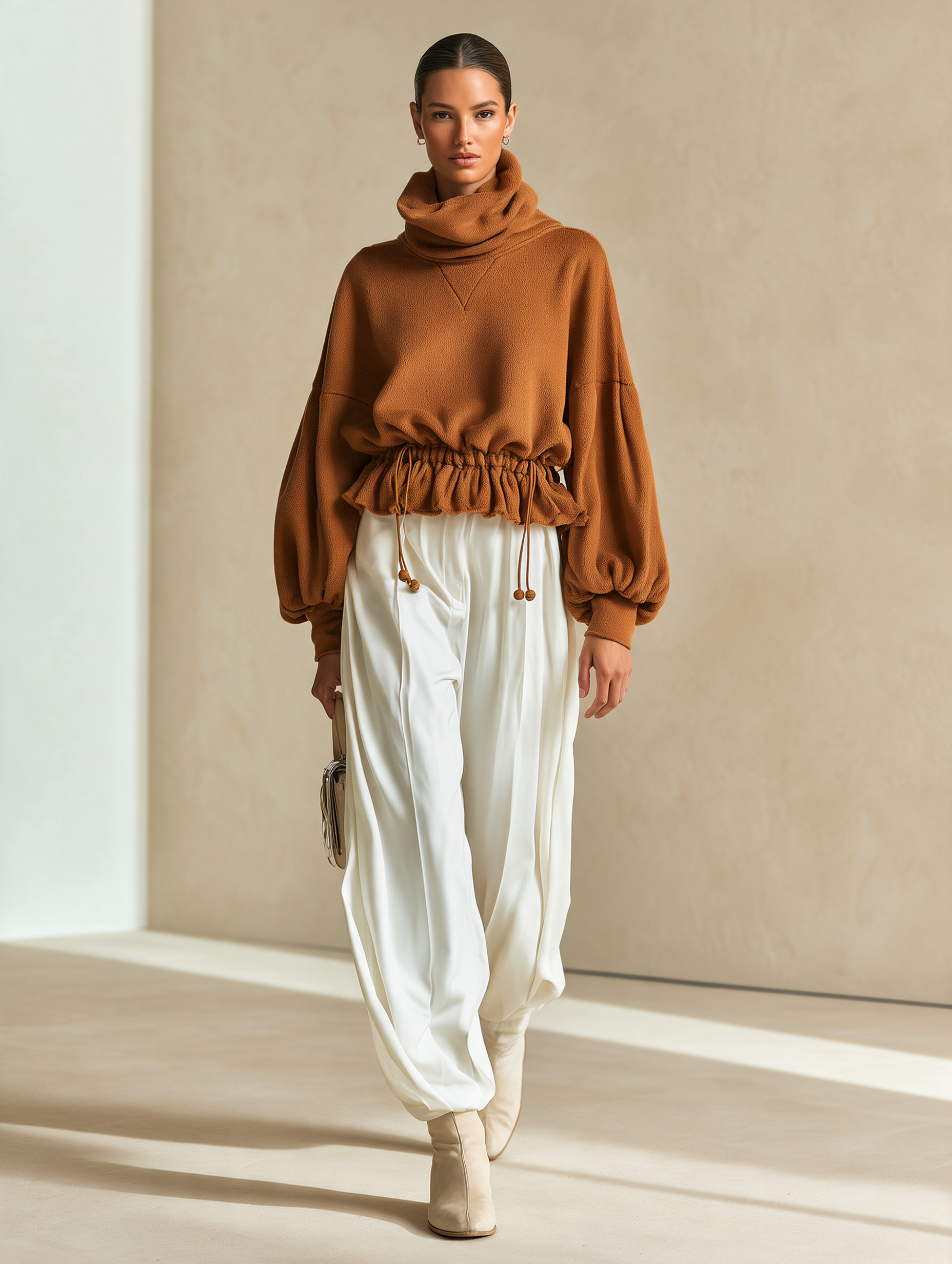Women's Caramel Brown Fleece Cowl Neck Cropped Sweatshirt