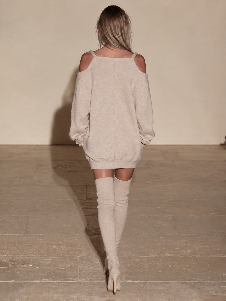 Women's Oatmeal Cold-Shoulder Oversized Sweatshirt Mini Dress