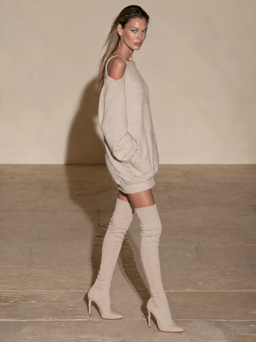 Women's Oatmeal Cold-Shoulder Oversized Sweatshirt Mini Dress