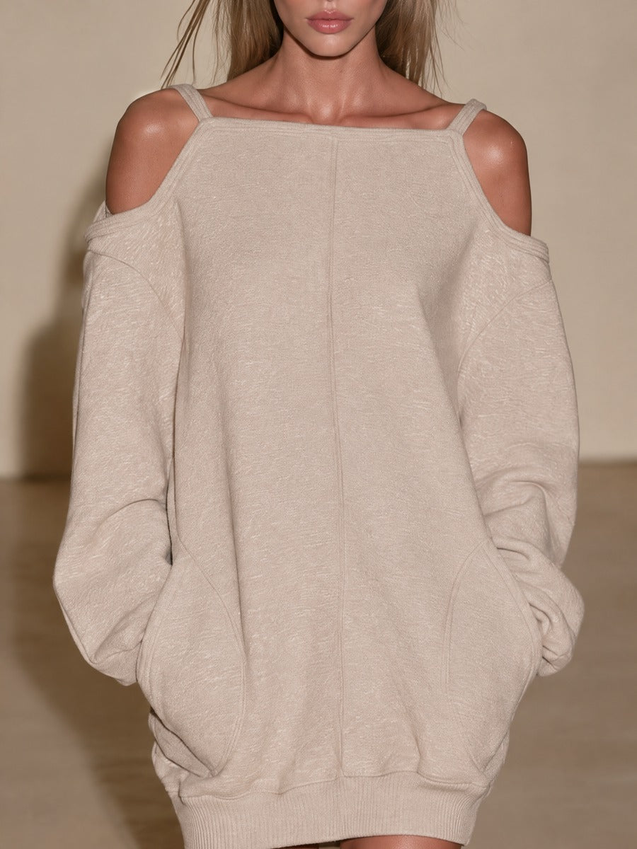 Women's Oatmeal Cold-Shoulder Oversized Sweatshirt Mini Dress